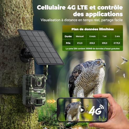 Caméra de Chasse Solaire 4G LTE, Vision Nocturne Infrarouge, 8000mAh