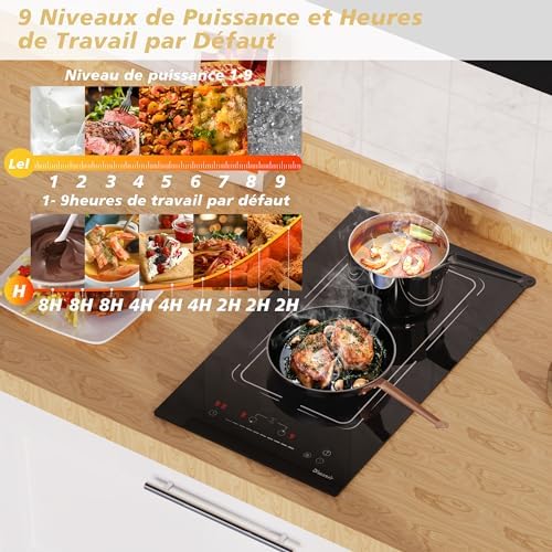 Plaque Induction 2 Feux Encastrable, 30 cm, 9 Niveaux, Fonction Boost, Noir