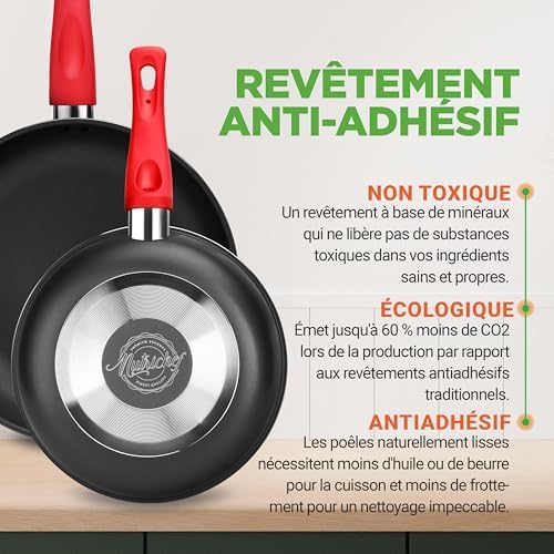 Batterie de Cuisine Antiadhésive 21 Pièces, Revêtement Durable, Poignées Confortables