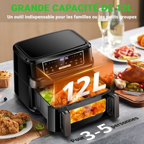 Friteuse à air chaud 12L avec cuisson intelligente et double panier