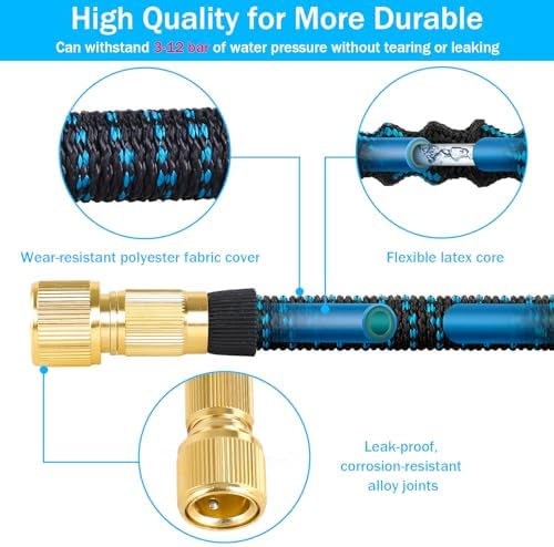 Tuyau Arrosage Extensible 15m, Tuyau d'arrosage Rétractable Noir et Bleu avec 10 Fonctions Pistolet