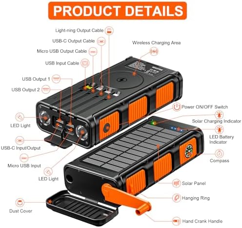 Batterie Externe Solaire 26800mAh avec Manivelle, Recharge Rapide USB-C