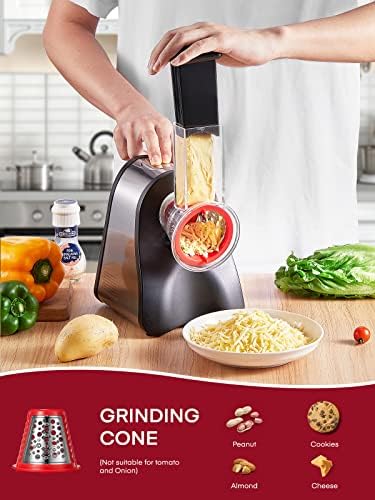 FOHERE Râpe Légumes Électrique, Modèle 4 en 1, 200W, Acier Inoxydable, Rouge