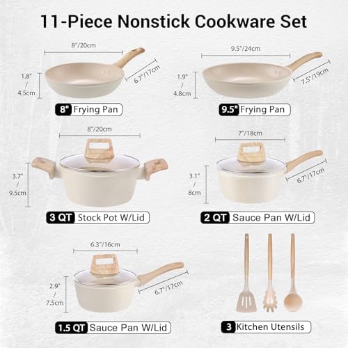 Set de Batterie de Cuisine Antiadhésif en Céramique, Crème, 11 Pièces