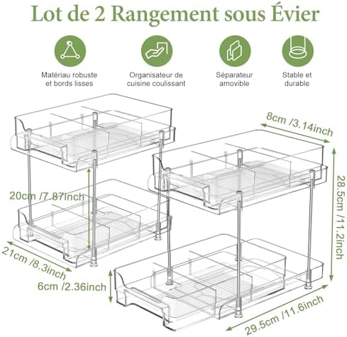 Organisateur sous évier à 2 niveaux avec tiroir, Transparent, 29x21x21 cm
