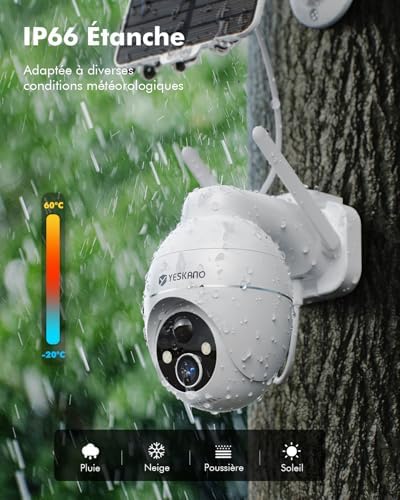 Caméra Solaire 2K Surveillance WiFi Extérieure, 360° PTZ, Blanche
