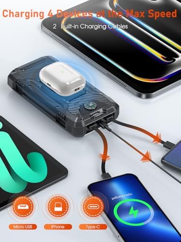 Batterie Externe Solaire 49800mAh, Charge Rapide PD30W avec Câbles Intégrés