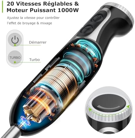 Bonsenkitchen Mixeur Plongeant Multifonction HB3203, 1000W, 20 Vitesses, Noir