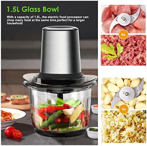 WAWORIO Hachoir Électrique 400W, 1.5L Bol en Verre, 4 Lames Inox, 2 Vitesses