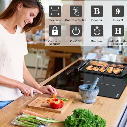 Plaque Induction 3 Feux avec Zone Flexible, 6800W, Commande Tactile