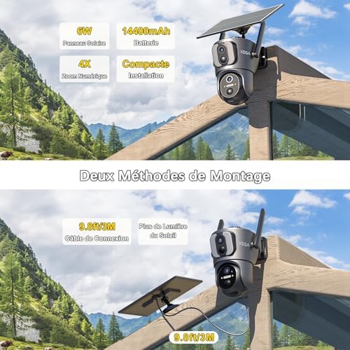 Caméra Solaire 4G LTE Double Objectif, Surveillance Extérieure 2K HD, Gris
