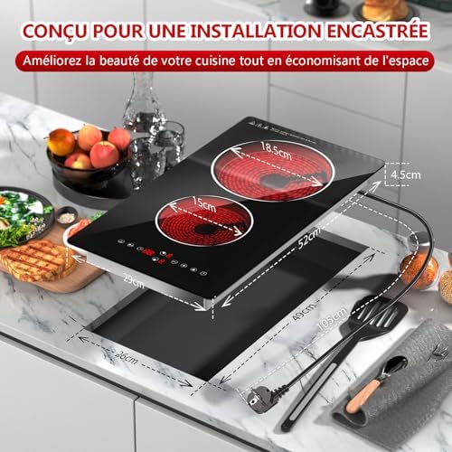 Plaque Vitrocéramique 2 Feux Induction, 3000W, Encastrable, 9 Niveaux