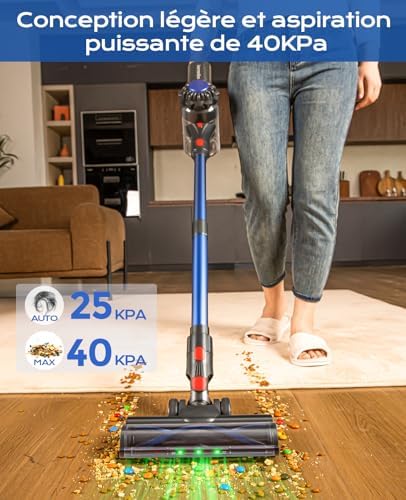 Ivormentico Aspirateur Balai sans Fil V15, 40KPA, 50Mins, LED Verte, Bleu Foncé