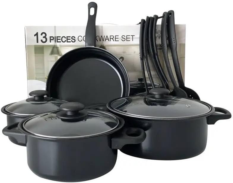 Batterie de Cuisine Antiadhésive 13 Pièces, Acier au Carbone, Noir