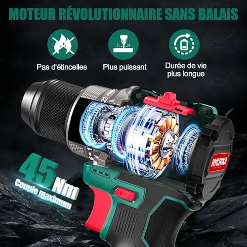 HYCHIKA BETTER TOOLS FOR BETTER LIFE Perceuse Visseuse sans fil NBT-CD-16.8A-BL, Moteur sans balais, 45Nm, 53 accessoires