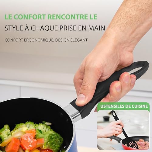 Batterie de Cuisine Antiadhésive 15 Pièces, Revêtement Résistant, Couleurs Variées