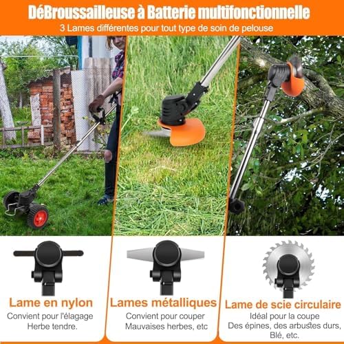 Débroussailleuse Électrique Sans Fil 21V, 2 Batteries, 3 Types de Lames