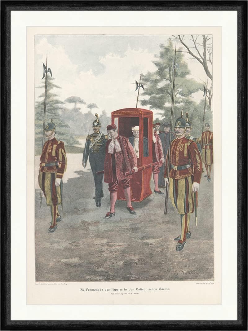 Gravure Antique - Promenade du Pape - Garde Suisse Colorée