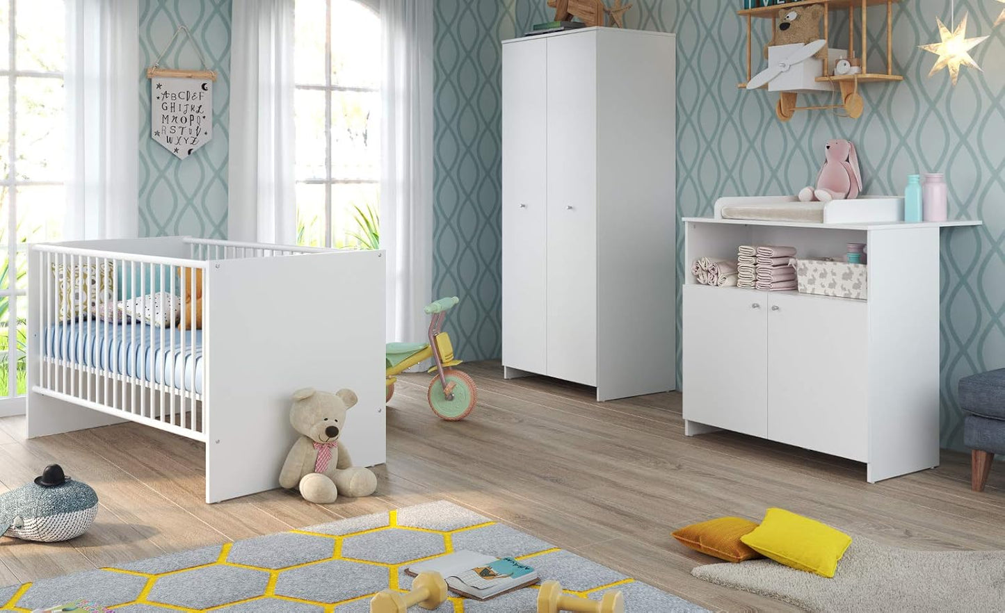 Chambre Bébé Complète - Lit 70x140cm - Commode et Armoire Blanc