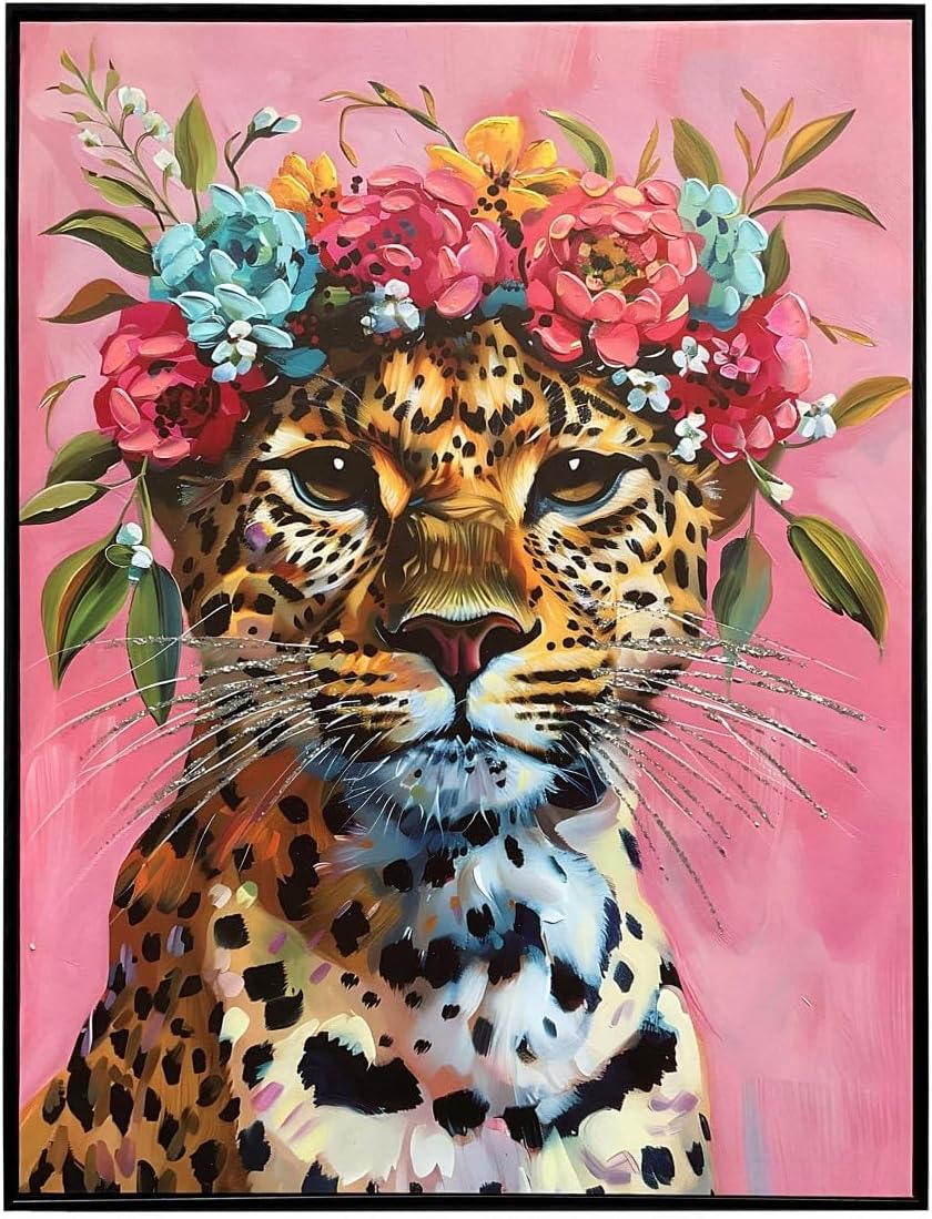 Tableau Contemporain - Guépard et Fleurs - Art sur Toile Imprimée