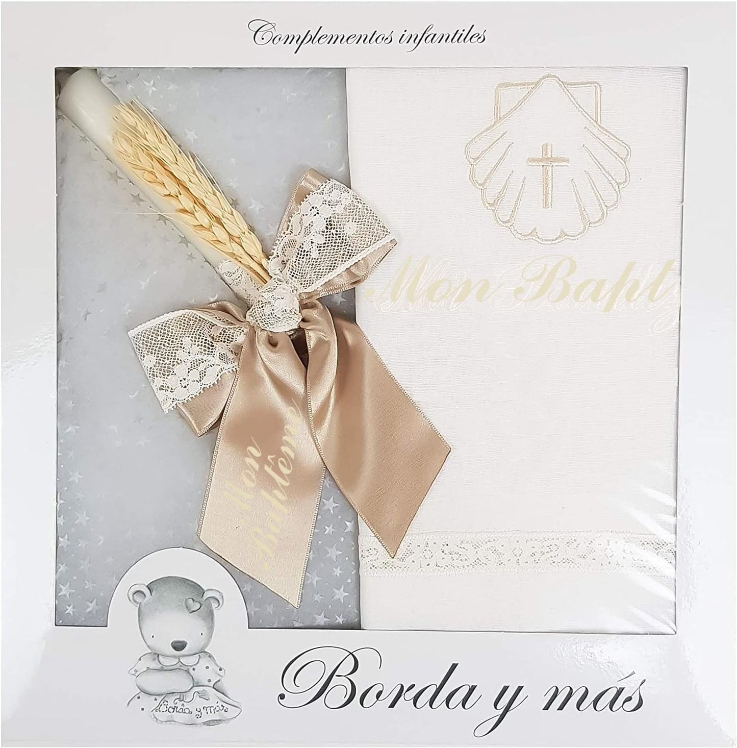 Pack de Baptême - Lange en Lin Naturel - Bougie avec Broderie