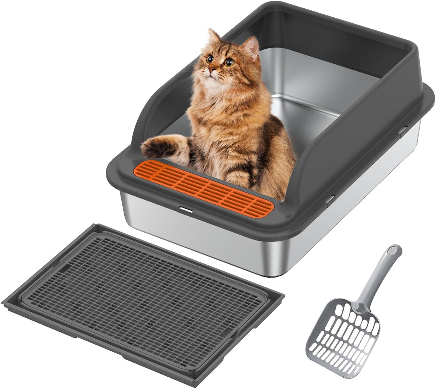 Bac à Litière pour Chat - Acier Inoxydable - Anti-éclaboussures