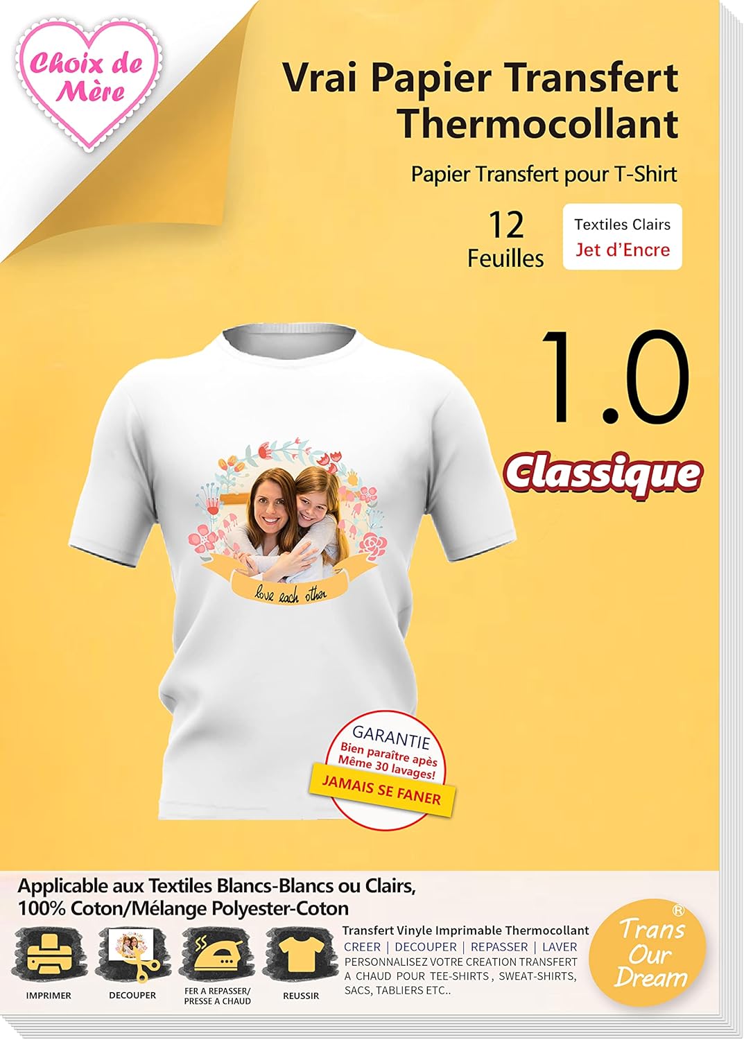 Papier Transfert A4 - 12 Feuilles - Pour Textiles Clairs