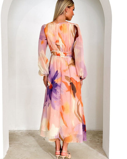 BARONA - ROBE MAXI CHIC MULTICOLORE À MANCHES LONGUES