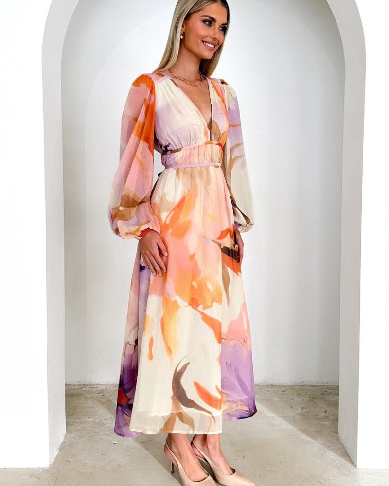 BARONA - ROBE MAXI CHIC MULTICOLORE À MANCHES LONGUES