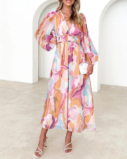 BARONA - ROBE MAXI CHIC MULTICOLORE À MANCHES LONGUES