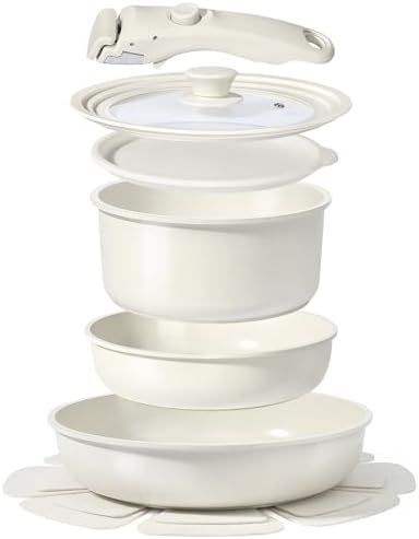 Batterie de Cuisine Antiadhésive en Céramique, Set de 7 Pièces, Blanc