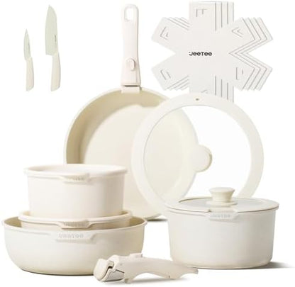 Batterie de Cuisine Antiadhésive 17 Pièces, Beige, Poignée Amovible