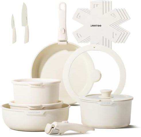 Batterie de Cuisine Antiadhésive 17 Pièces, Beige, Poignée Amovible