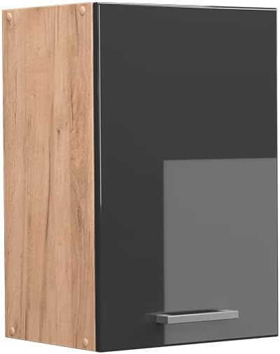 Armoire de Cuisine Suspendue - Anthracite Brillante - Chêne Doré