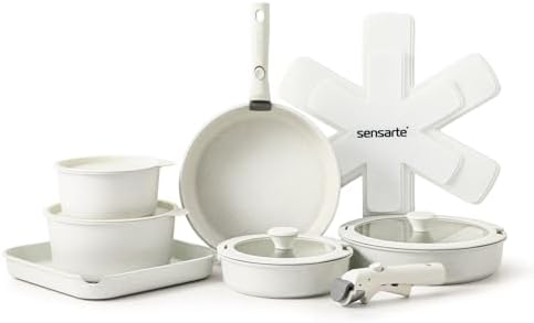 Batterie de Cuisine 17 Pièces Induction avec Poignées Amovibles, Blanc