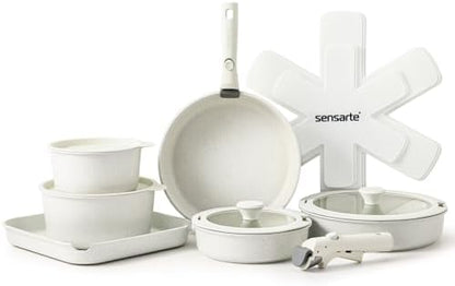 Set de Batterie de Cuisine Antiadhésif 17 Pièces, Blanc, Poignées Amovibles