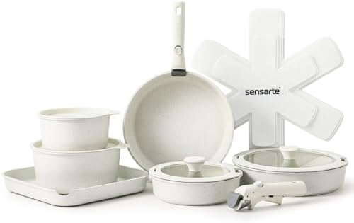 Set de Batterie de Cuisine Antiadhésif 17 Pièces, Blanc, Poignées Amovibles