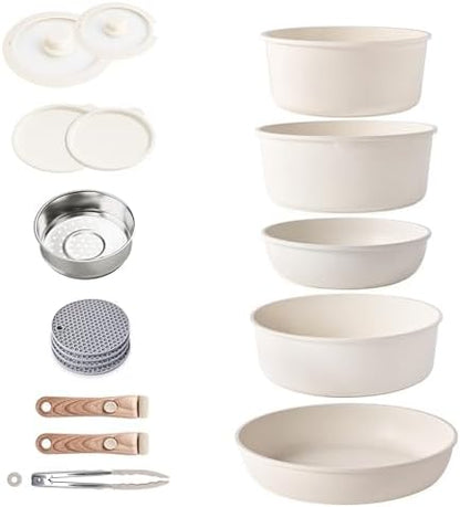 Batterie de Cuisine Induction Antiadhésive Granit, Poignées Détachables, Beige