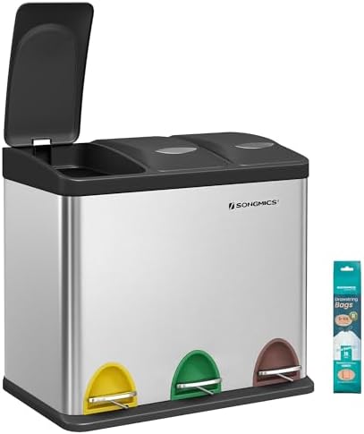 SONGMICS Poubelle de Tri, Modèle LTB24L, 3 x 8L, Acier Inoxydable, Argent et Noir