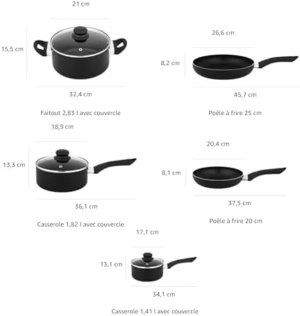 Batterie de Cuisine Antiadhésive 8 Pièces, Noir, Aluminium Léger