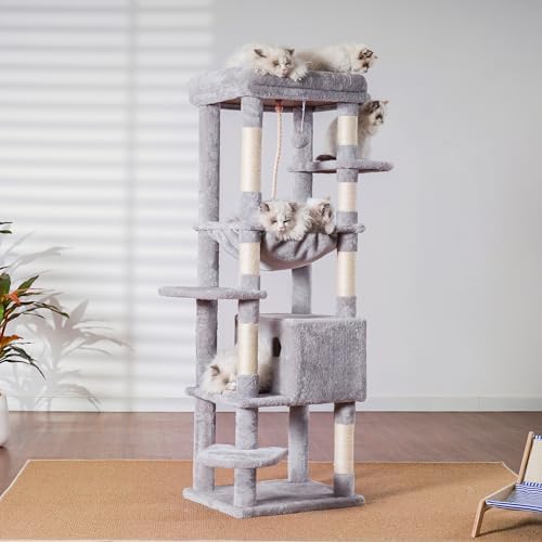 Arbre à Chat XXL 152 cm pour Gros Chats, Gris Clair, Multi-Niveaux