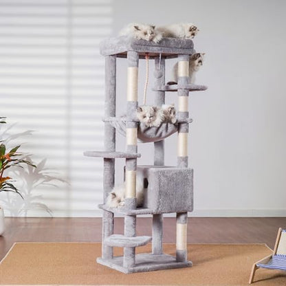 Arbre à Chat XXL 152 cm pour Gros Chats, Gris Clair, Multi-Niveaux