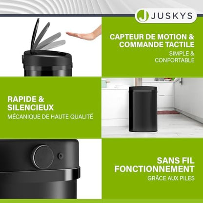 Juskys Poubelle Automatique 50L, Détecteur de Mouvement, Noir, Couvercle Électrique