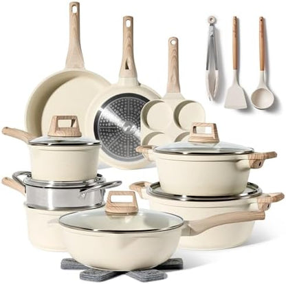 Batterie de Cuisine Induction 21 Pcs, Set de Casseroles et Poêles Antiadhésives, Beige
