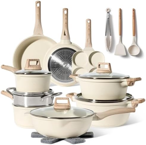 Batterie de Cuisine Induction 21 Pcs, Set de Casseroles et Poêles Antiadhésives, Beige