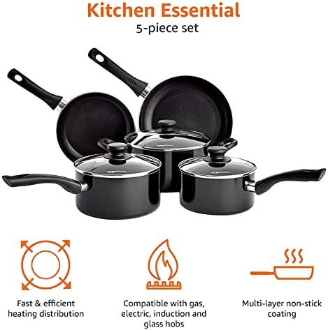 Ensemble Batterie de Cuisine Anti-adhésif 5 Pièces, Noir, Induction