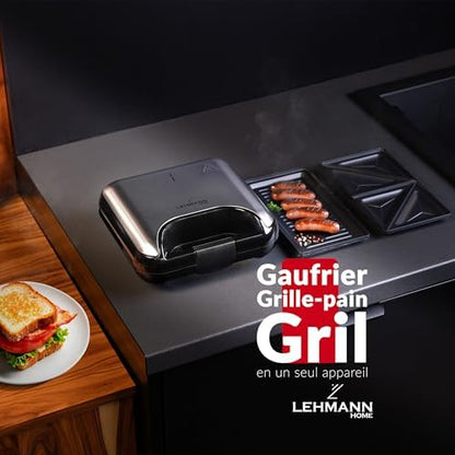 LEHMANN Appareil à Croque Monsieur 3 en 1 LHOSA-0812, Plaques Interchangeables, 800W