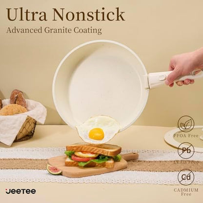 Batterie de Cuisine Antiadhésive 17 Pièces, Beige, Poignée Amovible