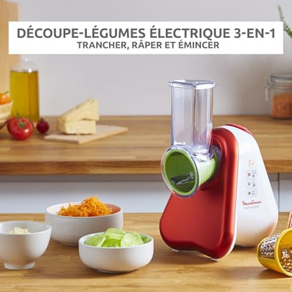 Moulinex Râpe Légumes Électrique DJ7535, 3-en-1, Rouge Rubis, 150W