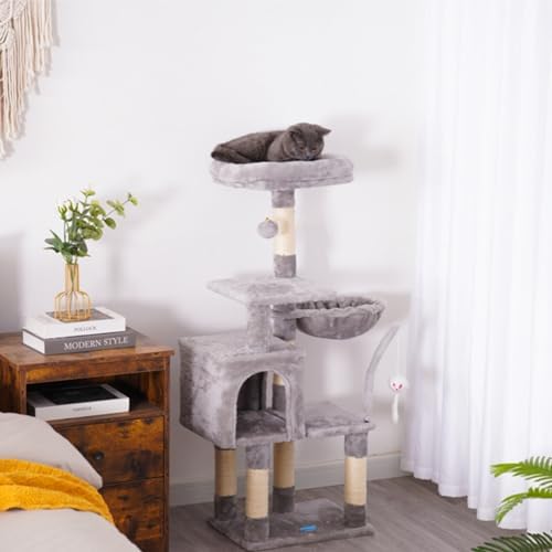 Arbre à Chat Compact avec Hamac Confortable et Jouets, Gris 111 cm